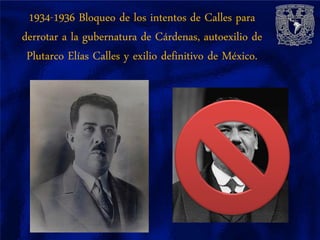 1934-1936 Bloqueo de los intentos de Calles para
derrotar a la gubernatura de Cárdenas, autoexilio de
 Plutarco Elías Calles y exilio definitivo de México.
 