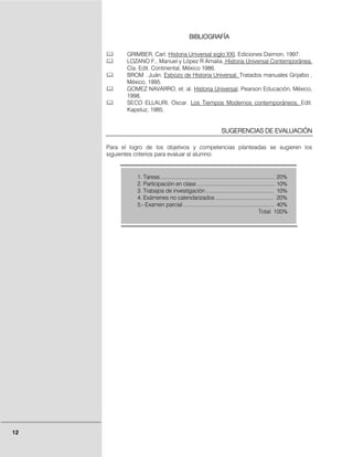 BIBLIOGRAFÍA

            GRIMBER, Carl. Historia Universal siglo XXI, Ediciones Daimon, 1997.
            LOZANO F,. Manuel y López R Amalia. Historia Universal Contemporánea,
            Cía. Edit. Continental, México 1986.
            BROM . Juán. Esbozo de Historia Universal. Tratados manuales Grijalbo ,
            México, 1995.
            GOMEZ NAVARRO, et. al. Historia Universal, Pearson Educación, México,
            1998.
            SECO ELLAURI, Oscar. Los Tiempos Modernos contemporáneos, Edit.
            Kapeluz, 1985.


                                                                    SUGERENCIAS DE EVALUACIÓN

     Para el logro de los objetivos y competencias planteadas se sugieren los
     siguientes criterios para evaluar al alumno:


               1. Tareas ................................................................................. 20%
               2. Participación en clase ....................................................... 10%
               3. Trabajos de investigación ................................................ 10%
               4. Exámenes no calendarizados ......................................... 20%
               5.- Examen parcial ................................................................ 40%
                                                                                              Total 100%




12
 