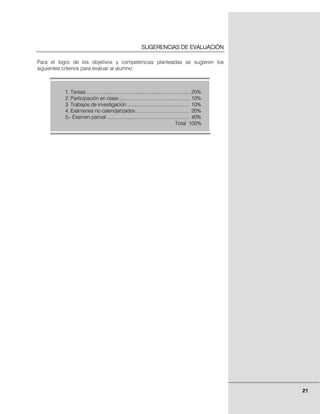 SUGERENCIAS DE EVALUACIÓN

Para el logro de los objetivos y competencias planteadas se sugieren los
siguientes criterios para evaluar al alumno:



          1. Tareas ................................................................................. 20%
          2. Participación en clase........................................................ 10%
          3. Trabajos de investigación ................................................ 10%
          4. Exámenes no calendarizados ......................................... 20%
          5.- Examen parcial ................................................................ 40%
                                                                                         Total 100%




                                                                                                            21
 