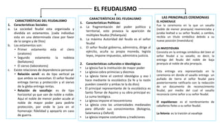 EL FEUDALISMO
CARACTERÍSTICAS DEL FEUDALISMO
1. Características Sociales:
a. La sociedad feudal esta organizada y
dividida en estamentos. (cada individuo
esta en una determinada clase por favor
de la sangre y de Dios)
b. Los estamentos son:
• Primer estamento esta el clero
(oratores)
• Segundo estamento la nobleza
(bellatores)
• El siervo (laboratores)
c. Existe relaciones de dependencia personal
• Relación servil: es de tipo vertical ya
que ambos se necesitan. El señor feudal
entrega tierras y protección y el siervo
de la gleba entrega rentas.
• Relación de vasallaje: es de tipo
horizontal ya que van de noble a noble.
Aquí el noble de menor poder acude al
noble de mayor poder para pedirle
protección, por ende le jura en el
homenaje: fidelidad y apoyarlo en caso
de guerra.
CARACTERÍSTICAS DEL FEUDALISMO
1. Características Políticas:
a. La fragmentación del poder político y
territorial, esto provoca la aparición de
múltiples feudos (Poliarquía)
b. La máxima Autoridad del feudo es el señor
feudal
c. El señor feudal gobierna, administra, dirige al
ejército, acuña su propia moneda, legisla
leyes, impone impuestos, administra justicia.
2. Características culturales e ideológicas
• La iglesia fue la institución de mayor poder
• La iglesia cobra primicias y diezmos
• La iglesia tiene el control ideológica y eso l
hace mediante la escolástica (la fe y la razón
pueden coexistir y ambas te la da dios)
• El principal representante de la escolástica es
Santo Tomar de Aquino y su obra principal es:
La suma teológica.
• La iglesia impone el teocentrismo
• La iglesia crea las universidades medievales
para difundir sus conocimientos (Bolognia,
Salamanca y Oxford)
• La iglesia impone costumbres y tradiciones
LAS PRINCIPALES CEREMONIAS
EL HOMENAJE
Fue la ceremonia en la que un vasallo
(noble de menor jerarquía) reverenciaba y
juraba lealtad a su señor feudal, a cambio,
recibía un título simbólico debido a su
nueva posición (investidura)
LA INVESTIDURA
Consistía en la entrega simbólica del bien al
señor feudal a su vasallo; es decir, la
entrega del feudo del noble de baja
jerarquía al noble de alta jerarquía.
Esta entrega era representado en la
ceremonia en donde el vasallo entrega un
puñado de tierra al señor feudal para
posteriormente ratificarlo con la redacción
de un documento de reconocimiento
feudal, por medio del cual el vasallo
reconocía como señor a su señor feudal.
El espaldarazo: es el nombramiento de
caballeros fieles a su señor feudal.
La felonía: es la traición al vasallaje
 