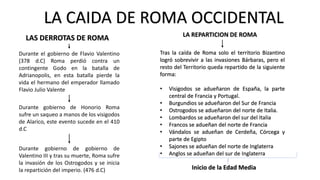 LA CAIDA DE ROMA OCCIDENTAL
LAS DERROTAS DE ROMA
Durante el gobierno de Flavio Valentino
(378 d.C) Roma perdió contra un
contingente Godo en la batalla de
Adrianopolis, en esta batalla pierde la
vida el hermano del emperador llamado
Flavio Julio Valente
Durante gobierno de Honorio Roma
sufre un saqueo a manos de los visigodos
de Alarico, este evento sucede en el 410
d.C
Durante gobierno de gobierno de
Valentino III y tras su muerte, Roma sufre
la invasión de los Ostrogodos y se inicia
la repartición del imperio. (476 d.C)
LA REPARTICION DE ROMA
Tras la caída de Roma solo el territorio Bizantino
logró sobrevivir a las invasiones Bárbaras, pero el
resto del Territorio queda repartido de la siguiente
forma:
• Visigodos se adueñaron de España, la parte
central de Francia y Portugal.
• Burgundios se adueñaron del Sur de Francia
• Ostrogodos se adueñaron del norte de Italia.
• Lombardos se adueñaron del sur del Italia
• Francos se adueñan del norte de Francia
• Vándalos se adueñan de Cerdeña, Córcega y
parte de Egipto
• Sajones se adueñan del norte de Inglaterra
• Anglos se adueñan del sur de Inglaterra
Inicio de la Edad Media
 