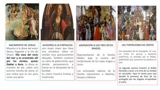 NACIMIENTO DE VENUS
Muestra a la diosa del amor
Venus, llegando a la isla de
Chipre. Ella nace del rocío
del mar y es arrastrada allí
por los vientos, quizás
Zephyr y Aura. La diosa se
muestra de pie, sobre una
enorme concha de vieira, lo
que indica que es tan pura
como una perla.
ALEGORÍA A LA FORTALEZA
una mujer joven que lleva
una armadura sobre un
vestido muy graciosamente
dibujado. También sostiene
un cetro de gobernante, que
denota perseverancia y
fuerza en la búsqueda de la
bondad.
Su rostro muestra tristeza y
melancolía
ADORACIÓN A LOS TRES REYES
MAGOS
Representación de la familia
Medici bajo la escena del
recibimiento de los reyes magos a
Jesús.
Las principales cabezas de la
familia representan a Melchor,
Gaspar y Baltazar
LAS TENTACIONES DE CRISTO
tres episodios de los Evangelio. En uno,
un Cristo en ayunas y bastante
enfermizo, es tentado por el diablo,
pidiéndole que convierta las piedras en
pan.
La segunda escena muestra al diablo
llevando a Jesús a la cima de un templo
en Jerusalén. Aquí lo tienta para que
desafíe la promesa de Dios de ser
protegido por los ángeles arrojándose
al suelo.
 