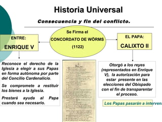 HHiissttoorriiaa UUnniivveerrssaall 
Consecuencia y fin del conflicto. 
Otorgó a los reyes 
(representados en Enrique 
V), la autorización para 
estar presente en las 
elecciones del Obispado 
con el fin de transparentar 
el proceso. 
ENTRE: 
ENRIQUE V 
EL PAPA: 
CALIXTO II 
Reconoce el derecho de la 
Iglesia a elegir a sus Papas 
en forma autónoma por parte 
del Concilio Cardenalicio. 
Se compromete a restituir 
los bienes a la Iglesia. 
Prestará ayuda al Papa 
cuando sea necesario. 
Se Firma el 
CONCORDATO DE WÖRMS 
(1122) 
Los Papas pasarán a intervenir  