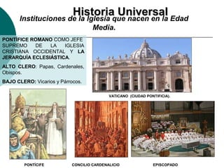 HHiissttoorriiaa UUnniivveerrssaall Instituciones de la Iglesia que nacen en la Edad 
Media. 
PONTÍFICE ROMANO COMO JEFE 
SUPREMO DE LA IGLESIA 
CRISTIANA OCCIDENTAL Y LA 
JERARQUÍA ECLESIÁSTICA. 
ALTO CLERO: Papas, Cardenales, 
Obispos. 
BAJO CLERO: Vicarios y Párrocos. 
VATICANO (CIUDAD PONTIFICIA). 
CONCILIO CARDENALICIO EPISCOPADO 
PONTÍCIFE 
 