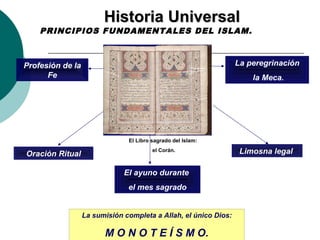 HHiissttoorriiaa UUnniivveerrssaall 
PRINCIPIOS FUNDAMENTALES DEL ISLAM. 
El Libro sagrado del Islam: 
el Corán. 
La sumisión completa a Allah, el único Dios: 
M O N O T E Í S M O. 
Profesión de la 
Fe 
El ayuno durante 
el mes sagrado 
La peregrinación 
la Meca. 
Oración Ritual Limosna legal 
 