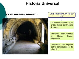 HHiissttoorriiaa UUnniivveerrssaall 
CRISTIANISMO ANTIGUO 
I- IV 
Difusión de la doctrina de 
Cristo dentro del Imperio 
Romano. 
Primeras comunidades 
en Roma, Éfeso, 
Alejandría. 
Tolerancia del Imperio, 
salvo persecuciones del 
siglo III. 
EN EL IMPERIO ROMANO…. 
 