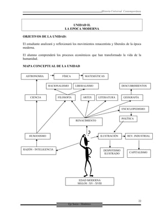Eje Socio - Histórico
Historia Universal Contemporánea
UNIDAD II.
LA EPOCA MODERNA
OBJETIVOS DE LA UNIDAD:
El estudiante analizará y reflexionará los movimientos renacentista y liberales de la época
moderna.
El alumno comprenderá los procesos económicos que han transformado la vida de la
humanidad.
MAPA CONCEPTUAL DE LA UNIDAD
22
ASTRONOMIA FÍSICA MATEMÁTICAS
RACIONALISMO LIBERALISMO
CIENCIA FILOSOFÍA ARTES LITERATURA GEOGRAFÍA
DESCUBRIMIENTOS
ENCICLOPEDISMO
RENACIMIENTO
HUMANISMO
RAZÓN - INTELIGENCIA
ILUSTRACIÓN REV. INDUSTRIAL
DESPOTISMO
ILUSTRADO CAPITALISMO
EDAD MODERNA
SIGLOS : XV - XVIII
POLÍTICA
 
