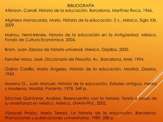 BIBLIOGRAFÍA
Atkinson, Carroll. Historia de la educación, Barcelona, Martínez Roca, 1966.
Alighiero Manacorda, Mario. Historia de la educación, 2 v., México, Siglo XXI,
2009.
Marrou, Henri-Irénée. Historia de la educación en la Antigüedad, México,
Fondo de Cultura Económica, 2004.
Brom, Juan. Esbozo de historia universal, México, Grijalbo, 2005.
Ferrater Mora, José. Diccionario de Filosofía, 4v., Barcelona, Ariel, 1994.
Galino Carrillo, María Ángeles. Historia de la educación, Madrid, Gredos,
1960.
Moreno G., Juan Manuel. Historia de la educación. Edades antigua, media
y moderna, Madrid, Parainfo, 1978, 549 p.
Sánchez Quintanar, Andrea. Reencuentro con la historia. Teoría y praxis de
su enseñanza en México, México, UNAM-FFyL, 2002.
Vázquez Prada, María Teresa. La historia de la educación, Barcelona,
Promociones y publicaciones universitarias, 1989, 288 p.
 
