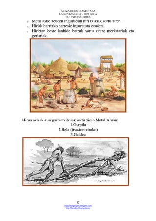ALTZA HERRI IKASTETXEA
                     LAGUNTZA GELA – HIPI GELA
                         13. HISTORIAURREA
  q   Metal asko zeuden inguruetan hiri txikiak sortu ziren.
  q   Hiriak harrizko harresiz inguratuta zeuden.
  q   Hirietan beste lanbide batzuk sortu ziren: merkatariak eta
      gerlariak.




Hirua asmakizun garrantzitsuak sortu ziren Metal Aroan:
                           1.Gurpila
                    2.Bela (itsasiontzirako)
                           3.Goldea




                                     12
                        http://margarigela.blogspot.com
                          http://hipialtza.blogspot.com
 