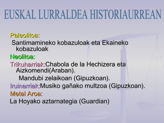 Paleolitoa:Paleolitoa:
Santimamineko kobazuloak eta EkainekoSantimamineko kobazuloak eta Ekaineko
kobazuloakkobazuloak
Neolitoa:Neolitoa:
Trikuharriak:Trikuharriak:Chabola de la Hechizera etaChabola de la Hechizera eta
Aizkomendi(Araban).Aizkomendi(Araban).
Mandubi zelaikoan (Gipuzkoan).Mandubi zelaikoan (Gipuzkoan).
Iruinarriak:Iruinarriak:Musiko gañako multzoa (Gipuzkoan).Musiko gañako multzoa (Gipuzkoan).
Metal Aroa:Metal Aroa:
La Hoyako aztarnategia (Guardian)La Hoyako aztarnategia (Guardian)
 
