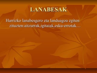 LANABESAKLANABESAK
Harrizko lanabesgero eta landuagoa egitenHarrizko lanabesgero eta landuagoa egiten
zituzten:aitzurrak,igitaiak,esku-errotak…zituzten:aitzurrak,igitaiak,esku-errotak…
 