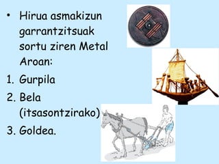 • Hirua asmakizun
garrantzitsuak
sortu ziren Metal
Aroan:
1. Gurpila
2. Bela
(itsasontzirako)
3. Goldea.
 
