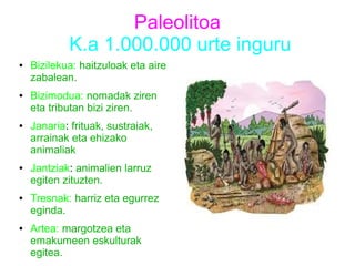 Paleolitoa
K.a 1.000.000 urte inguru
● Bizilekua: haitzuloak eta aire
zabalean.
● Bizimodua: nomadak ziren
eta tributan bizi ziren.
● Janaria: frituak, sustraiak,
arrainak eta ehizako
animaliak
● Jantziak: animalien larruz
egiten zituzten.
● Tresnak: harriz eta egurrez
eginda.
● Artea: margotzea eta
emakumeen eskulturak
egitea.
 