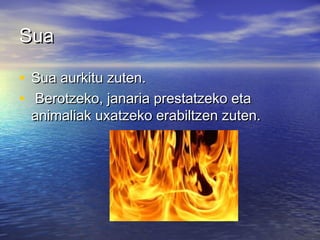 SuaSua
• Sua aurkitu zuten.Sua aurkitu zuten.
• Berotzeko, janaria prestatzeko etaBerotzeko, janaria prestatzeko eta
animaliak uxatzeko erabiltzen zuten.animaliak uxatzeko erabiltzen zuten.
 