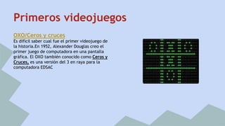 Primeros videojuegos 
OXO/Ceros y cruces 
Es difícil saber cual fue el primer videojuego de 
la historia.En 1952, Alexander Douglas creo el 
primer juego de computadora en una pantalla 
gráfica. El OXO también conocido como Ceros y 
Cruces, es una versión del 3 en raya para la 
computadora EDSAC 
 