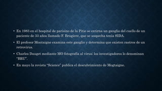 • En 1983 en el hospital de parisino de la Pitie se extirna un ganglio del cuello de un
paciente de 33 años llamado F. Brugiere, que se sospecha tenia SIDA.
• El profesor Montaigne examina este ganglio y determina que existen rastros de un
retrovirus.
• Charles Dauget mediante MO fotografía al virus; los investigadores lo denominan
“BRU”.
• En mayo la revista “Science” publica el descubrimiento de Mogtaigne.
 