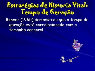 Estratégias de Historia Vital:
Tempo de Geração
Bonner (1965) demonstrou que o tempo de
geração está correlacionado com o
tamanho corporal

 
