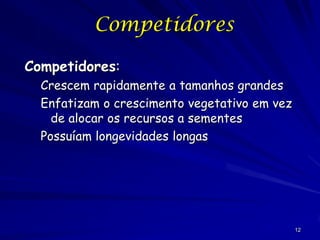 Competidores
Competidores:
Crescem rapidamente a tamanhos grandes
Enfatizam o crescimento vegetativo em vez
de alocar os recursos a sementes
Possuíam longevidades longas

12

 