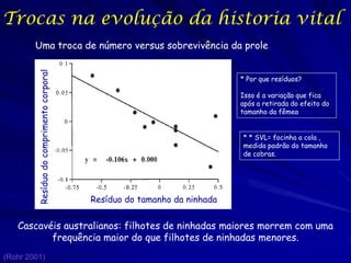 Trocas na evolução da historia vital
Resíduo do comprimento corporal

Uma troca de número versus sobrevivência da prole
* Por que resíduos?
Isso é a variação que fica
após a retirada do efeito do
tamanho da fêmea
* * SVL= focinha a cola ,
medida padrão do tamanho
de cobras.

Resíduo do tamanho da ninhada

Cascavéis australianos: filhotes de ninhadas maiores morrem com uma
frequência maior do que filhotes de ninhadas menores.
(Rohr 2001)

 
