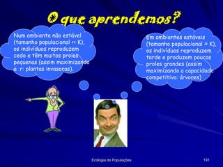 O que aprendemos?
Num ambiente não estável
(tamanho populacional << K),
os indivíduos reproduzem
cedo e têm muitos proles
pequenas (assim maximizando
a r: plantas invasoras).

Em ambientes estáveis
(tamanho populacional ≈ K),
os indivíduos reproduzem
tarde e produzem poucas
proles grandes (assim
maximizando a capacidade
competitiva: árvores)

Ecologia de Populações

191

 