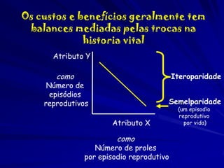 Os custos e benefícios geralmente tem
balances mediadas pelas trocas na
historia vital
Atributo Y

como

Iteroparidade

Número de
episódios
reprodutivos

Semelparidade
Atributo X

como

Número de proles
por episodio reprodutivo

(um episodio
reprodutivo
por vida)

 