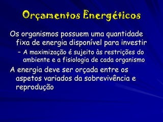 Orçamentos Energéticos
Os organismos possuem uma quantidade
fixa de energia disponível para investir
– A maximização é sujeito às restrições do
ambiente e a fisiologia de cada organismo

A energia deve ser orçada entre os
aspetos variados da sobrevivência e
reprodução

 