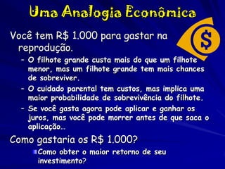 Uma Analogia Econômica
Você tem R$ 1.000 para gastar na
reprodução.
– O filhote grande custa mais do que um filhote
menor, mas um filhote grande tem mais chances
de sobreviver.
– O cuidado parental tem custos, mas implica uma
maior probabilidade de sobrevivência do filhote.
– Se você gasta agora pode aplicar e ganhar os
juros, mas você pode morrer antes de que saca o
aplicação…

Como gastaria os R$ 1.000?
Como obter o maior retorno de seu
investimento?

 