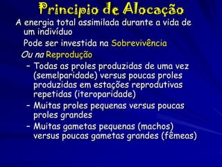 Principio de Alocação

A energia total assimilada durante a vida de
um indivíduo
Pode ser investida na Sobrevivência
Ou na Reprodução
– Todas as proles produzidas de uma vez
(semelparidade) versus poucas proles
produzidas em estações reprodutivas
repetidas (iteroparidade)
– Muitas proles pequenas versus poucas
proles grandes
– Muitas gametas pequenas (machos)
versus poucas gametas grandes (fêmeas)

 