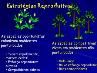 Estratégias Reprodutivas

As espécies oportunistas
colonizam ambientes
perturbados
• “Vivem rapidamente,
morrem cedas”
• Esforço reprodutivo
elevado
• Competidores pobres

As espécies competitivas
vivem em ambientes não
perturbados

• Vida longa
• Baixo esforço reprodutivo
• Boas competidoras

 