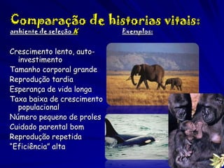 Comparação de historias vitais:
ambiente de seleção K

Crescimento lento, autoinvestimento
Tamanho corporal grande
Reprodução tardia
Esperança de vida longa
Taxa baixa de crescimento
populacional
Número pequeno de proles
Cuidado parental bom
Reprodução repetida
“Eficiência” alta

Exemplos:

 