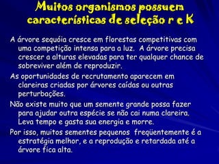 Muitos organismos possuem
características de seleção r e K
A árvore sequóia cresce em florestas competitivas com
uma competição intensa para a luz. A árvore precisa
crescer a alturas elevadas para ter qualquer chance de
sobreviver além de reproduzir.
As oportunidades de recrutamento aparecem em
clareiras criadas por árvores caídas ou outras
perturbações.
Não existe muito que um semente grande possa fazer
para ajudar outra espécie se não cai numa clareira.
Leva tempo e gasta sua energia e morre.
Por isso, muitos sementes pequenos freqüentemente é a
estratégia melhor, e a reprodução e retardada até a
árvore fica alta.

 