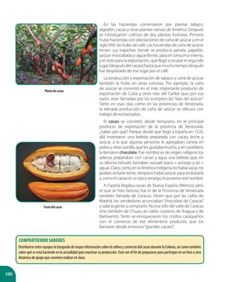 100
En las haciendas comenzaron por plantar tabaco,
algodón, cacao y otras plantas nativas de América. Después
se introdujeron cultivos de dos plantas foráneas. Primero
hubo haciendas con plantaciones de caña de azúcar y en el
siglo XVII, las hubo de café. Las haciendas de caña de azúcar
tenían sus trapiches donde se producía panela, papelón,
azúcar moscabada y aguardiente, para el consumo interno,
y el resto para la exportación, que llegó a ocupar el segundo
lugar (después del cacao) hasta que mucho tiempo después
fue desplazado de ese lugar por el café.
La producción y exportación de tabaco y caña de azúcar
también la hubo en otras colonias. Por ejemplo, la caña
de azúcar se convirtió en el más importante producto de
exportación de Cuba y otras islas del Caribe que, por esa
razón, eran llamadas por los europeos las “islas del azúcar”.
Tanto en esas islas como en las provincias de Venezuela,
la elevada producción de caña de azúcar se obtuvo con
trabajo de esclavizados.
El cacao se convirtió, desde temprano, en el principal
producto de exportación de la provincia de Venezuela.
¿Sabes por qué? Porque desde que llegó a España en 1520,
allá inventaron una bebida preparada con cacao, leche y
azúcar, a la que algunas personas le agregaban canela en
polvo y otras vainilla, que les gustaba mucho, y en castellano
la llamaron chocolate. Ese nombre es de origen ndígena: los
aztecas preparaban con cacao y agua una bebida que, en
su idioma náhuatl, llamaban xocoatl (xoco = amargo y ati =
agua). Claro, como en la América Indígena no había vacas no
podían echarle leche, tampoco había azúcar para endulzarla
y, como el cacao es un poco amargo, le pusieron ese nombre.
A España llegaba cacao de Nueva España (México) pero
el que se hizo famoso fue el de la Provincia de Venezuela
también llamada de Caracas. Dicen que por las calles de
Madrid, los vendedores anunciaban “chocolate de Caracas”
y salía la gente a comprarlo. No era sólo del valle de Caracas
sino también de Chuao, en valles costeros de Aragua y de
Barlovento. Tanto se enriquecieron los criollos caraqueños
con el comercio de ese alimenticio producto, que los
llamaron desde entonces“grandes cacaos”.
Planta de cacao
Fruto del cacao
Compartiendo saberes
Distribuirse entre equipos la búsqueda de mayor información sobre el cultivo y comercio del cacao durante la Colonia, así como también
sobre qué se está haciendo en la actualidad para reactivar su producción. Esto con el fin de prepararse para participar en un foro u otra
dinámica de grupo que conviene realizar en clase.
 