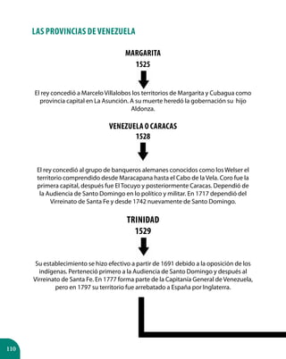 110
LAS PROVINCIAS DE VENEZUELA
Margarita
1525
El rey concedió a Marcelo Villalobos los territorios de Margarita y Cubagua como
provincia capital en La Asunción. A su muerte heredó la gobernación su hijo
Aldonza.
Venezuela o Caracas
1528
El rey concedió al grupo de banqueros alemanes conocidos como los Welser el
territorio comprendido desde Maracapana hasta el Cabo de la Vela. Coro fue la
primera capital, después fue ElTocuyo y posteriormente Caracas. Dependió de
la Audiencia de Santo Domingo en lo político y militar. En 1717 dependió del
Virreinato de Santa Fe y desde 1742 nuevamente de Santo Domingo.
Trinidad
1529
Su establecimiento se hizo efectivo a partir de 1691 debido a la oposición de los
indígenas. Perteneció primero a la Audiencia de Santo Domingo y después al
Virreinato de Santa Fe. En 1777 forma parte de la Capitanía General de Venezuela,
pero en 1797 su territorio fue arrebatado a España por Inglaterra.
 