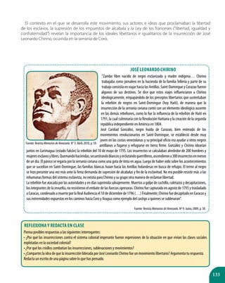 133
José Leonardo Chirino
“Zambo libre nacido de negro esclavizado y madre indígena… Chirino
trabajaba como jornalero en la hacienda de la familia Tellería y parte de su
trabajoconsistíaenviajarhacialasAntillas.Saint-DomingueyCurazaofueron
algunos de sus destinos. Se dice que estos viajes influenciaron a Chirino
ideológicamente, empapándolo de los preceptos libertarios que sustentaban
la rebelión de negros en Saint-Domingue (hoy Haití), de manera que la
insurrección de la serranía coriana contó con un elemento ideológico ausente
en las demás rebeliones, como lo fue la influencia de la rebelión de Haití en
1791, la cual culminaría con la Revolución Haitiana y la creación de la segunda
república independiente en América en 1804.
José Caridad González, negro huido de Curazao, bien enterado de los
movimientos revolucionarios en Saint-Domingue, se estableció desde muy
joven en las costas venezolanas y su principal oficio era ayudar a otros negros
antillanos a fugarse y refugiarse en tierra firme. González y Chirino idearían
juntos en Curimagua (estado Falcón) la rebelión del 10 de mayo de 1795. Los insurrectos se calculaban alrededor de 200 hombres y
mujeresesclavosylibres.Quemandohaciendas,secuestrandoblancosyreclutandoguerrilleros,ascendierona300insurrectosenmenos
de un día. El pánico se regaría por la serranía coriana como una gota de tinta en agua. Luego de haber oído sobre los acontecimientos
que se sucedían en Saint-Domingue, las familias blancas huían hacia las Antillas holandesas en busca de refugio. El terror al negro
se hizo presente una vez más ante la feroz demanda de supresión de alcabalas y fin de la esclavitud. No era posible resistir más a las
inhumanas formas del sistema esclavista, no existía para Chirino y su grupo otra manera de reclamar libertad.
La rebelión fue atacada por las autoridades y en días suprimida salvajemente. Muertos a golpe de cuchillo, culetazos y decapitaciones,
los integrantes de la revuelta, no resistieron el embate de las fuerzas opresoras. Chirino fue capturado en agosto de 1795 y trasladado
aCaracas,condenadoamuerteporlaRealAudienciael10dediciembrede1796(…)Finalmente,ChirinofuedecapitadoenCaracasy
sus extremidades expuestas en los caminos hacia Coro y Aragua como ejemplo del castigo a quienes se sublevaran”.
Fuente: Revista MemoriasdeVenezuela. Nº 9. Junio, 2009, p. 50.
El contexto en el que se desarrolla este movimiento, sus actores e ideas que proclamaban la libertad
de los esclavos, la supresión de los impuestos de alcabala y la Ley de los franceses (”libertad, igualdad y
confraternidad”) revelan la importancia de los ideales libertarios e igualitarios de la insurrección de José
Leonardo Chirino, ocurrida en la serranía de Coro.
Fuente: Revista MemoriasdeVenezuela. N° 3. Abril, 2010, p. 59.
Reflexiona y redacta en clase
Piensa posibles respuestas a las siguientes interrogantes:
• ¿Por qué las insurrecciones contra el sistema colonial imperante fueron expresiones de la situación en que vivían las clases sociales
explotadas en la sociedad colonial?
• ¿Por qué los criollos combatían las insurrecciones, sublevaciones y movimientos?
• ¿Compartes la idea de que la insurrección liderada por José Leonardo Chirino fue un movimiento libertario? Argumenta tu respuesta.
Redacta un escrito de una página sobre lo que has pensado.
 