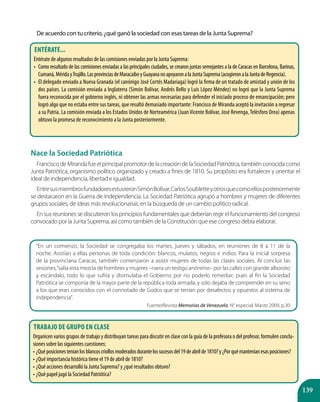 139
De acuerdo con tu criterio, ¿qué ganó la sociedad con esas tareas de la Junta Suprema?
Nace la Sociedad Patriótica
FranciscodeMirandafueelprincipalpromotordelacreacióndelaSociedadPatriótica,tambiénconocidacomo
Junta Patriótica, organismo político organizado y creado a fines de 1810. Su propósito era fortalecer y orientar el
ideal de independencia, libertad e igualdad.
EntresusmiembrosfundadoresestuvieronSimónBolívar,CarlosSoubletteyotrosquecomoellosposteriormente
se destacaron en la Guerra de Independencia. La Sociedad Patriótica agrupó a hombres y mujeres de diferentes
grupos sociales, de ideas más revolucionarias, en la búsqueda de un cambio político radical.
En sus reuniones se discutieron los principios fundamentales que deberían regir el funcionamiento del congreso
convocado por la Junta Suprema, así como también de la Constitución que ese congreso debía elaborar.
Entérate...
Entérate de algunos resultados de las comisiones enviadas por la Junta Suprema:
•	 Como resultado de las comisiones enviadas a las principales ciudades, se crearon juntas semejantes a la de Caracas en Barcelona, Barinas,
Cumaná,MéridayTrujillo.LasprovinciasdeMaracaiboyGuayananoapoyaronalaJuntaSuprema(acogieronalaJuntadeRegencia).
•	 El delegado enviado a Nueva Granada (el canónigo José Cortés Madariaga) logró la firma de un tratado de amistad y unión de los
dos países. La comisión enviada a Inglaterra (Simón Bolívar, Andrés Bello y Luis López Méndez) no logró que la Junta Suprema
fuera reconocida por el gobierno inglés, ni obtener las armas necesarias para defender el iniciado proceso de emancipación; pero
logró algo que no estaba entre sus tareas, que resultó demasiado importante: Francisco de Miranda aceptó la invitación a regresar
a su Patria. La comisión enviada a los Estados Unidos de Norteamérica (JuanVicente Bolívar, José Revenga,Telésforo Orea) apenas
obtuvo la promesa de reconocimiento a la Junta posteriormente.
Trabajo de grupo en clase
Organicen varios grupos de trabajo y distribuyan tareas para discutir en clase con la guía de la profesora o del profesor, formulen conclu-
siones sobre las siguientes cuestiones:
•	¿Quéposicionesteníanlosblancoscriollosmoderadosdurantelossucesosdel19deabrilde1810?y¿Porquémanteníanesasposiciones?
•	¿Qué importancia histórica tiene el 19 de abril de 1810?
•	¿Qué acciones desarrolló la Junta Suprema? y ¿qué resultados obtuvo?
•	¿Qué papel jugó la Sociedad Patriótica?
“En un comienzo, la Sociedad se congregaba los martes, jueves y sábados, en reuniones de 8 a 11 de la
noche. Asistían a ellas personas de toda condición: blancos, mulatos, negros e indios. Para la inicial sorpresa
de la provinciana Caracas, también comenzaron a asistir mujeres de todas las clases sociales. Al concluir las
sesiones,“salía esta mezcla de hombres y mujeres –narra un testigo anónimo– por las calles con grande alboroto
y escándalo, todo lo que sufría y disimulaba el Gobierno por no poderlo remediar; pues al fin la Sociedad
Patriótica se componía de la mayor parte de la república toda armada, y solo dejaba de comprender en su seno
a los que eran conocidos con el connotado de Godos que se tenían por desafectos y opuestos al sistema de
independencia”.
Fuente:Revista Memorias de Venezuela, N° especial. Marzo 2009, p.30
 