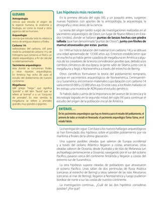 Las hipótesis más recientes
En la primera década del siglo XXI, y un poquito antes, surgieron
nuevas hipótesis con aportes de la antropología, la arqueología, la
etnografía y otras áreas de la ciencia.
La teoría del origen tardío surgió de investigaciones realizadas en el
yacimiento arqueológico de Clovis (un lugar de Nuevo México en Esta-
dos Unidos), donde se hallaron puntas de lanzas hechas con piedra
tallada (que han denominado“puntas de Clovis”), junto con fósiles de
mamut atravesados por estas puntas.
En 1949 se hizo la datación del material (con carbono 14) y se obtuvo
una edad aproximada de 13.500 años a.p. Entonces establecieron que
en esa fecha ya había gente cazadora de megafauna en América y algu-
nos de los creadores de la teoría consideraron posible que, debido a los
cambios climáticos de esa época, la gente salió de Siberia junto con la
megafauna y llegó a Norteamérica a través del estrecho de Bering.
Otros científicos formularon la teoría del poblamiento temprano,
porque en yacimientos arqueológicos de Norteamérica, Centroaméri-
ca y Suramérica, encontraron materiales cuya datación con carbono 14
varía entre 65.000 y 22.000 años a.p. En este caso, a los fósiles hallados se
les extrajo una muestra de ADN para el estudio genético.
Te habrás dado cuenta de la importancia del avance de la ciencia y la
tecnología logrado en la segunda mitad del siglo XX para continuar el
estudio del origen de la población inicial de América.
La investigación sigue. Con base a los nuevos hallazgos arqueológicos
se han formulado dos hipótesis sobre el posible poblamiento por vía
marítima a finales de la última glaciación.
Una supone posibles oleadas que salieron de Europa occidental
y a través del océano Atlántico llegaron a costas americanas; otras
oleadas salieron de Oceanía, desde Australia y de islas de Melanesia (un
archipiélago perteneciente a Oceanía), navegando por el sur del océano
Pacífico, pasaron cerca del continente Antártida y llegaron a costas del
extremo sur de Suramérica.
La otra hipótesis supone oleadas de pobladores que atravesaron
el océano Pacífico. Unas salían de dos penínsulas de Rusia Asiática
(cercanas al estrecho de Bering) y otras salieron de las islas Aleutianas
(cercanas al mar de Bering); llegaron a Norteamérica y luego pudieron
bordear de norte a sur las costas de nuestro continente.
La investigación continúa... ¿Cuál de las dos hipótesis consideras
posible? ¿Por qué?
GLOSARIO
Antropología:
ciencia que estudia el origen de
la especie humana, la anatomía y
fisiología, así como la moral y otros
aspectos del ser humano.
Arqueología:
ciencia que estudia todo lo relativo a
restos de antiguos objetos y fósiles.
Carbono 14:
radioisótopo del carbono, útil para
medir la cantidad de carbono 14 y de
hidrógeno que conserva un fósil o un
objeto arqueológico, a fin de calcular
su edad aproximada.
Yacimiento arqueológico:
área donde se concentran fósiles
y otras riquezas arqueológicas.
En América hay ocho (8) para el
estudio del doblamiento de nuestro
continente.
Megafauna:
(del griego “mega-” que significa
“grande” y del latin “fauna” que se
refiere al “animal” o a un “conjunto
de animales”. En este sentido, la
megafauna se refiere a animales
grandes, muy grandes o gigantes.
Entérate…
De los yacimientos arqueológicos que hay en América para el estudio del poblamiento, el
primero de todos se instaló enVenezuela: el yacimiento arqueológicoTaima-Taima, en el
estado Falcón.
 