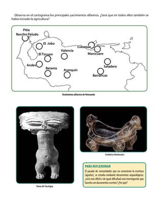 Observa en el cartograma los principales yacimientos alfareros. ¿Será que en todos ellos también se
había iniciado la agricultura?
Cerámica timotocuica
Venus deTacarigua
Yacimientos alfareros deVenezuela
Para reflexionar
El pasado de comunidades que no conocieron la escritura
(ágrafas), se estudia mediante documentos arqueológicos:
¿será más difícil o de igual dificultad esta investigación que
hacerla con documentos escritos? ¿Por qué?
 