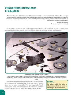 28
No estamos dispuestos a hacer las apologías del imperio inca o el azteca –u otras formaciones de las tierras altas– para dejar
en la penumbra la inmensa mayoría de etnoculturas del resto de América: caribe, arawak, tupi-guaraní, guaicurú, mapuche,
atapascano, siux, o cualquier otro conjunto poblacional de las llanuras secas o húmedas, calientes o extremadamente frías, de
acuerdo con su ubicación en el continente.
Esteban Emilio Mosonyi
(Antropólogo y lingüista venezolano).
La imagen que ves, nos muestra 14 objetos pertenecientes a la cultura caribe de los piaroa que hoy viven
en la región Guayana de nuestro país. Cada objeto tiene un número y el nombre se indica abajo.
La primera parte de este tema, está dedicada a informarte sobre
unas cositas de la cultura katugua, de la cual ustedes pueden
creer que no saben nada nadita. Pero con seguridad, al leerlo
descubrirán que sí conocen elementos de esa cultura que tiene
un nombre raro y muchas personas no saben de qué se trata.
OTRAS CULTURAS EN TIERRAS BAJAS
DE SURAMÉRICA
1.Taburetedelcacique;2.Coronadelcacique;3.Coronadeiniciacióndeunnuevocacique.;4.Cestadelpiache;5.Maracaparaelbailedeiniciación;6.Maracadelpiache;7.
Flautadecarrizo;8.Cerbatana;9.Carcajparaguardardardos;10.Dardos;11.Bandejatejida;12.Platodemaderaparacomer;13.Peine;14.Volteadordecasabehechocon
madera.
Fuente: Revista Shell. Septiembre (1953), año II, número 8.
Entérate…
Esos objetos también los hacían los
indígenas tupí de Brasil y los guaraní del
actual Paraguay. ¿No te parece curioso?
 