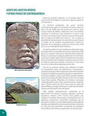 38
Diferentes pueblos habitaron en el pasado lejano el
actual territorio de México, Guatemala y algunos países de
Centroamérica.
Los primeros pobladores del actual territorio
mesoamericano, según los estudiosos del tema, datan de
poco más de 30000 antes de nuestra era (a.d.n.e.); otros
autores hablan de 20000 a 15000 años. Eran comunidades
cazadoras y recolectoras que empezaron a cultivar maíz
con técnicas rudimentarias. Alimento cuya domesticación
data, al parecer, de 8000 años (a.d.n.e.). Por su parte, la
periodización propuesta por los especialistas para el origen
y estudio de los pueblos mesoamericanos, colocan el
desarrollo de la agricultura sedentaria hacia el año 2500
(a.d.n.e), en el llamado Período Preclásico.
Unodelospueblosalosqueseatribuyeundesarrollomayor
de la agricultura, es el pueblo olmeca, que hacia el año 1600
(a.d.n.e.) se ubicaron cerca de las costas del actual estado de
Veracruz. Los olmecas nos legaron además de monumentales
esculturas en piedra, algunos de los fundamentos principales
de la cosmovisión de los pueblos mesoamericanos, lo cíclico
en todas las relaciones naturales y humanas, el maíz como
mito, rito y símbolo de la religiosidad y de la vida.
Otro de los primeros pueblos que habitaron la región
de mesoamérica fueron los teotihucanos, constructores y
arquitectosdelagranTollán-Teotihuacán,lallamada“ciudadde
losdioses”,metrópoliprincipaldelospueblosmesoamericanos.
Unadelasciudadesyculturascuyainfluenciapuederastrearse
tanto en los pueblos de habla náhuatl, como en los de habla
maya. Otras ciudades influyentes son Cholula y la principal
ciudad del pueblo tolteca, Tula, cuya destrucción y migración
hacia 1070 de nuestra era (d.n.e.) hace surgir los reinos del
valle de México y la región deTexcoco, los del valle de Puebla-
Tlaxcala y los de la parte norte de Oaxaca.
Otros pueblos mesoamericanos importantes en la
época fueron los tarascos, huastecas, zapotecas, totonacos,
tlaxcaltecas, mixtecos, entre muchos otros pueblos que
habitaron el territorio destacándose, principalmente, por su
agricultura, arquitectura y astronomía. Condiciones que en
granparteseexplicanporunareligiosidaddecarácteragrícola,
dondelanecesidaddeloscálculosparalasiembraylacosecha,
los ciclos del maíz, permitieron el desarrollo de calendarios
tanto solares como lunares, cuya precisión aún hoy asombra.
Talla en piedra de la cultura olmeca
GENTE DEL MAÍZ EN MÉXICO
Y OTROS PAÍSES DE CENTROAMÉRICA
Pirámide de la Luna
 