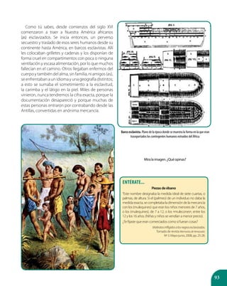 93
Como tú sabes, desde comienzos del siglo XVI
comenzaron a traer a Nuestra América africanos
(as) esclavizados. Se inicia entonces, un perverso
secuestro y traslado de esos seres humanos desde su
continente hasta América, en barcos esclavistas. Allí
les colocaban grilletes y cadenas y los disponían de
forma cruel en compartimentos con poca o ninguna
ventilación y escasa alimentación, por lo que muchos
fallecían en el camino. Otros llegaban enfermos del
cuerpo y también del alma, sin familia, ni amigos (as),
se enfrentaban a un idioma y una geografía distintos;
a esto se sumaba el sometimiento a la esclavitud,
la carimba y el látigo en la piel. Miles de personas
vinieron, nunca tendremos la cifra exacta, porque la
documentación desapareció y porque muchas de
estas personas entraron por contrabando desde las
Antillas, convertidas en anónima mercancía.
Barco esclavista. Plano de la época donde se muestra la forma en la que eran
trasnportados los contingentes humanos extraídos del África.
Miralaimagen.¿Quéopinas?
Entérate...
Piezasdeébano
“Este nombre designaba la medida ideal de siete cuartas, o
palmas, de altura. Si el (palmeo) de un individuo no daba la
medidaexacta,secompletabaladimensióndelamercancía
con los (mulequines) que eran los niños menores de 7 años,
o los (mulequines), de 7 a 12, o los «mulecones», entre los
12 y los 16 años. (Niñas y niños se vendían a menor precio).
¿Te fijaste que eran comerciados como si fueran cosas?
Maltratosinfligidosalosnegrosesclavizados.
Tomado de revista MemoriasdeVenezuela.
Nº 3. Mayo-junio, 2008, pp. 25-28.
 