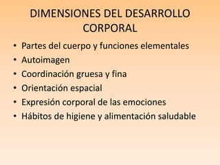 DIMENSIONES DEL DESARROLLO
CORPORAL
• Partes del cuerpo y funciones elementales
• Autoimagen
• Coordinación gruesa y fina
• Orientación espacial
• Expresión corporal de las emociones
• Hábitos de higiene y alimentación saludable
 