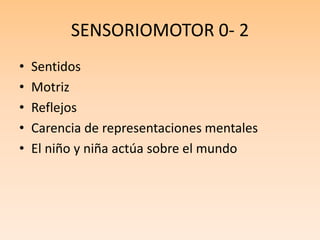 SENSORIOMOTOR 0- 2
• Sentidos
• Motriz
• Reflejos
• Carencia de representaciones mentales
• El niño y niña actúa sobre el mundo
 