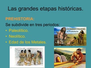 Las grandes etapas históricas.
PREHISTORIA:
Se subdivide en tres periodos:
• Paleolítico.
• Neolítico.
• Edad de los Metales.
 