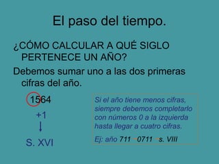 El paso del tiempo.
¿CÓMO CALCULAR A QUÉ SIGLO
PERTENECE UN AÑO?
Debemos sumar uno a las dos primeras
cifras del año.
1564
+1
S. XVI
Si el año tiene menos cifras,
siempre debemos completarlo
con números 0 a la izquierda
hasta llegar a cuatro cifras.
Ej: año 711 0711 s. VIII
 
