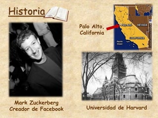 Mark Zuckerberg
Creador de Facebook
Historia
Universidad de Harvard
Palo Alto,
California
 