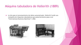Máquina tabuladora de Hollerith (1889)


Le dio paso al procesamiento de datos automatizado. Hollerith fundó una
compañía de máquinas tabuladoras que posteriormente paso a ser
“International Business Machines” o IBM.

 