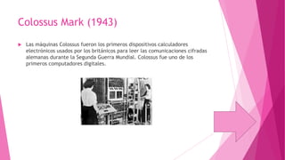 Colossus Mark (1943)


Las máquinas Colossus fueron los primeros dispositivos calculadores
electrónicos usados por los británicos para leer las comunicaciones cifradas
alemanas durante la Segunda Guerra Mundial. Colossus fue uno de los
primeros computadores digitales.

 