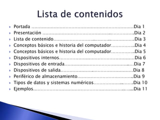  Portada ……………………………………………………………Dia 1
 Presentación ……………………………………….…………….Dia 2
 Lista de contenido……………………….………..…………….Dia 3
 Conceptos básicos e historia del computador…………….Dia 4
 Conceptos básicos e historia del computador…………….Dia 5
 Dispositivos internos……………………………………………Dia 6
 Dispositivos de entrada……………………………………..…Dia 7
 Dispositivos de salida………………….………………………Dia 8
 Periférico de almacenamiento………………………………..Dia 9
 Tipos de datos y sistemas numéricos………………..…….Dia 10
 Ejemplos……………………………………………………..…...Dia 11
 