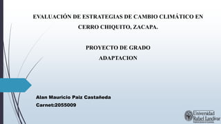 EVALUACIÓN DE ESTRATEGIAS DE CAMBIO CLIMÁTICO EN
CERRO CHIQUITO, ZACAPA.
PROYECTO DE GRADO
ADAPTACION
Alan Mauricio Paiz Castañeda
Carnet:2055009
 