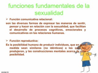 funciones fundamentales de la 
sexualidad 
 Función comunicativa relacional: 
son las diversas formas de expresar las maneras de sentir, 
pensar y hacer en relación con la sexualidad, que facilitan 
el desarrollo de procesos cognitivos, emocionales y 
comunicativos en las relaciones humanas. 
 Función reproductiva: 
Es la posibilidad humana de producir individuos, que en gran 
medida sean similares (no idénticos) a los que los 
produjeron, y las construcciones mentales acerca de esta 
posibilidad. 
 
